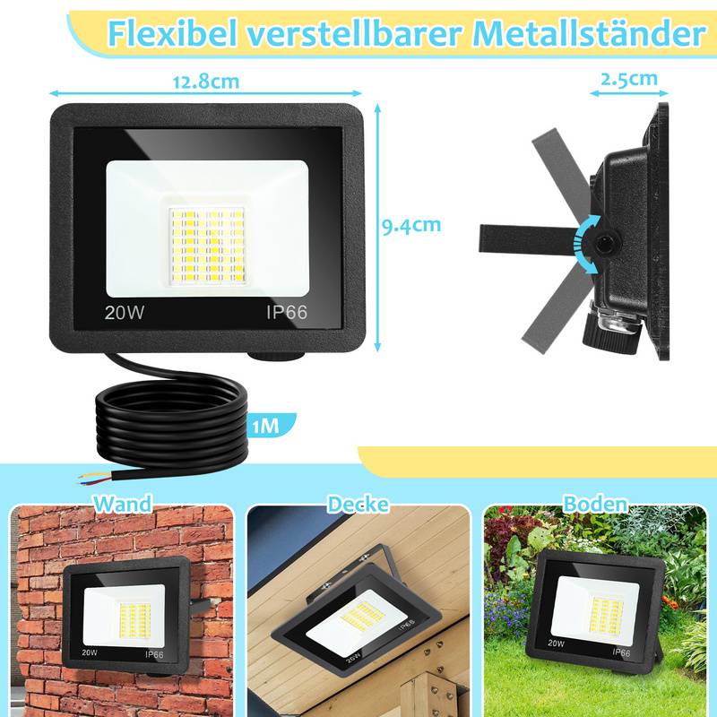 LED Fluter LED Baustrahler 2X 20W 3 Farbe 3000/4000/6500K Floodlight mit IP66 Wasserdicht