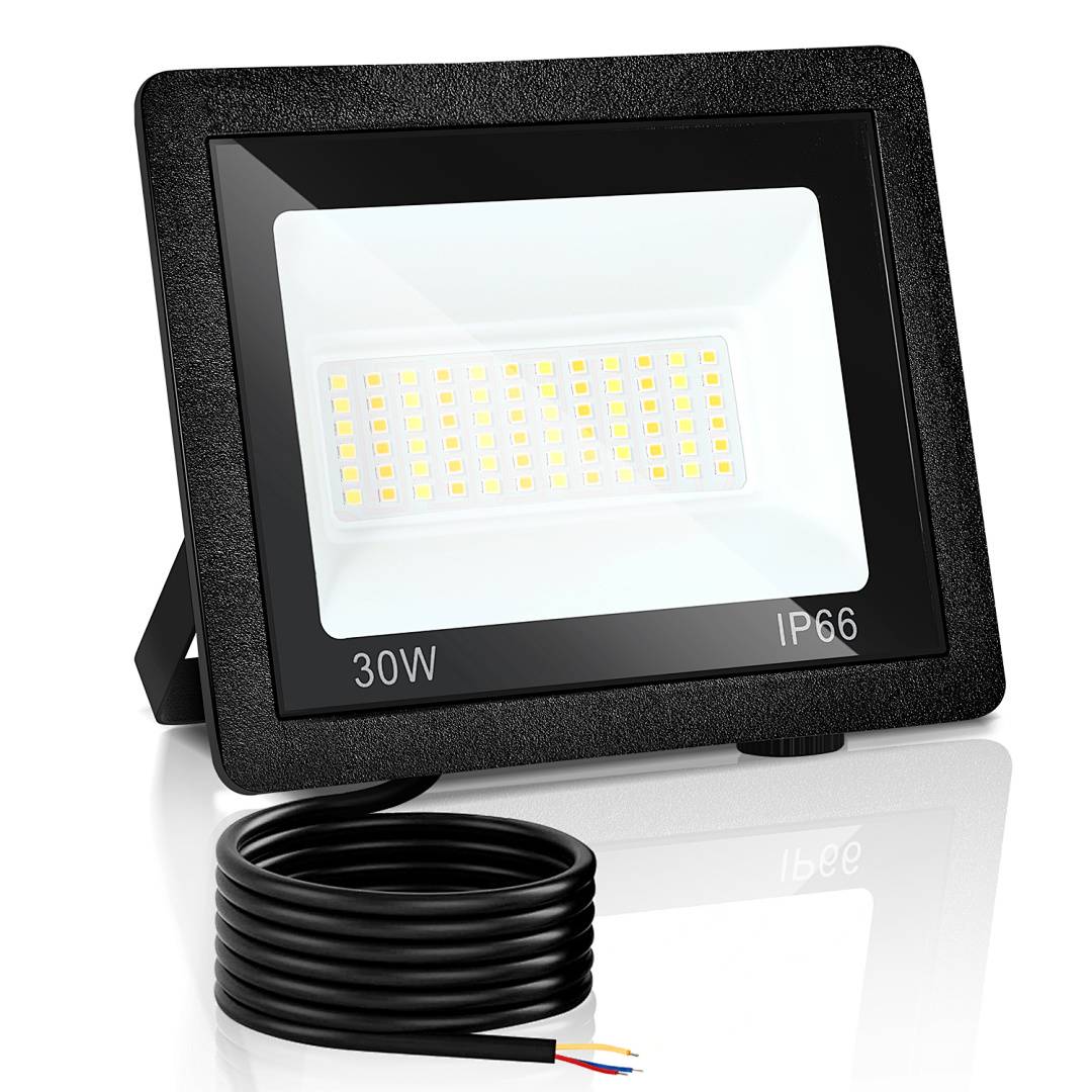 Schwarze 30W LED-Flutlichtleuchte mit IP66-Schutzart und angeschlossenem Stromkabel, dargestellt als Frontansicht auf weißem Hintergrund.