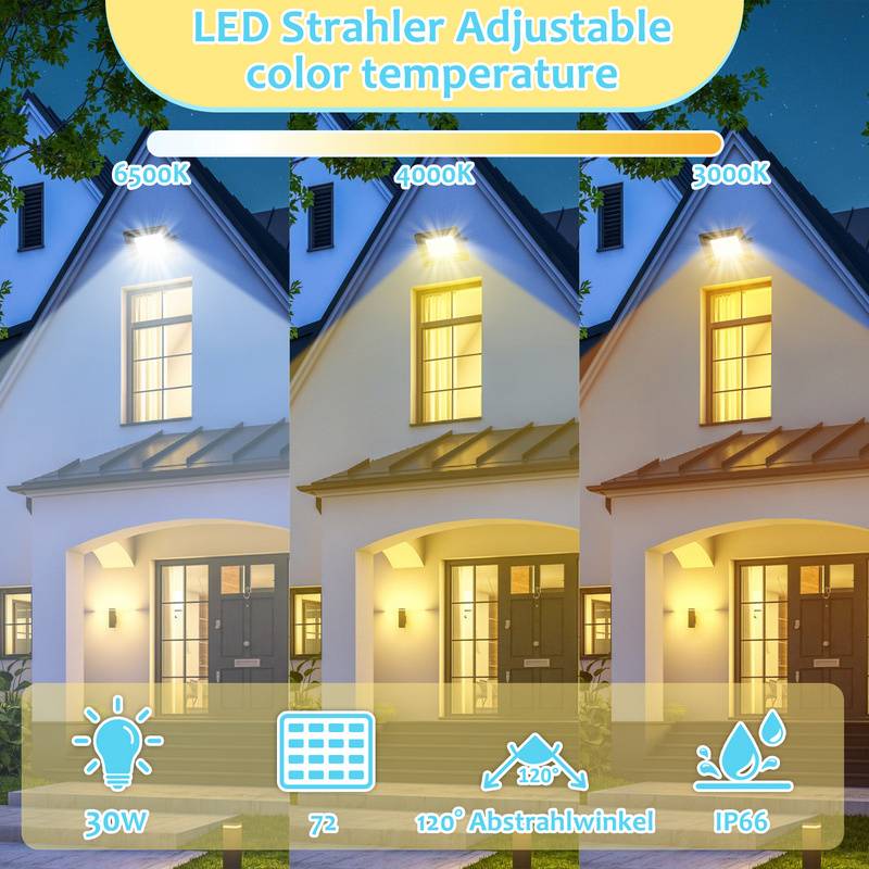 LED Fluter LED Strahler LED Baustrahler 1X 30W 3 Farbe 3000/4000/6500K Floodlight mit IP66 Wasserdicht