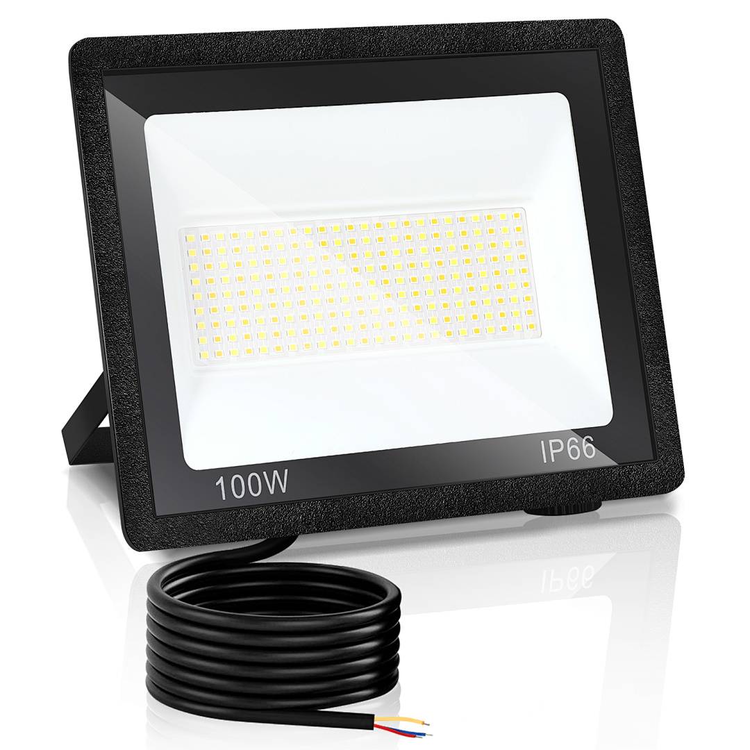 Schwarzer 100W LED-Flutlichtstrahler mit Spiralstromkabel und IP66-Schutzart auf weißem Hintergrund dargestellt.