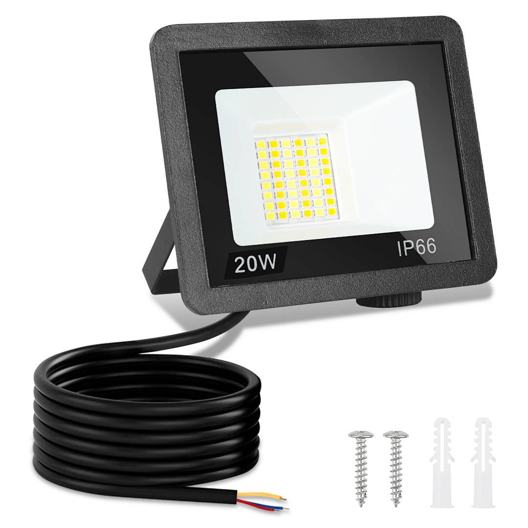 20W IP66 LED-Strahler mit angebrachtem Stromkabel, Spiralkabel und Befestigungsschrauben und Wandsteckern