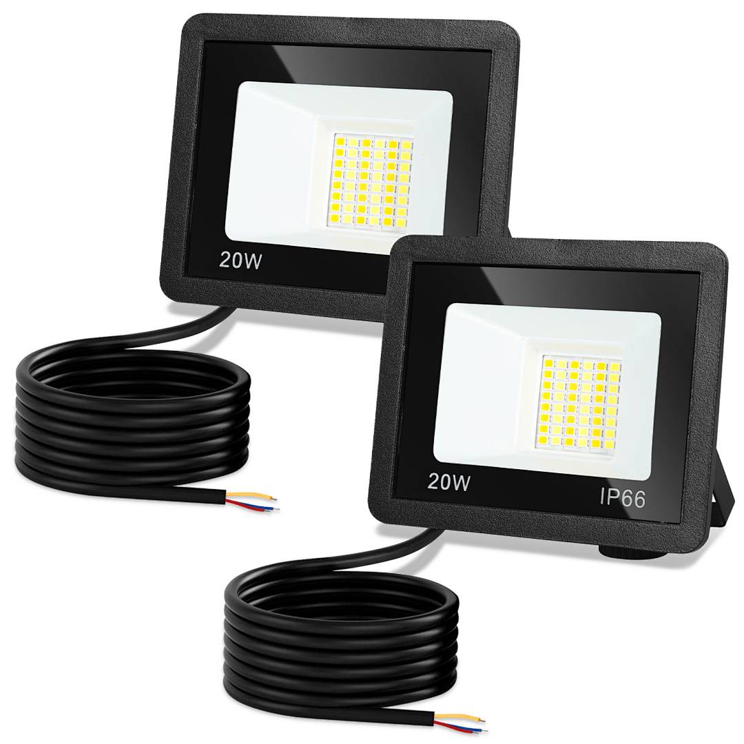 Zwei schwarze 20W LED-Strahler mit angebrachten Stromkabeln, einer mit der Kennzeichnung IP66, dargestellt als Außenbeleuchtungsprodukte.