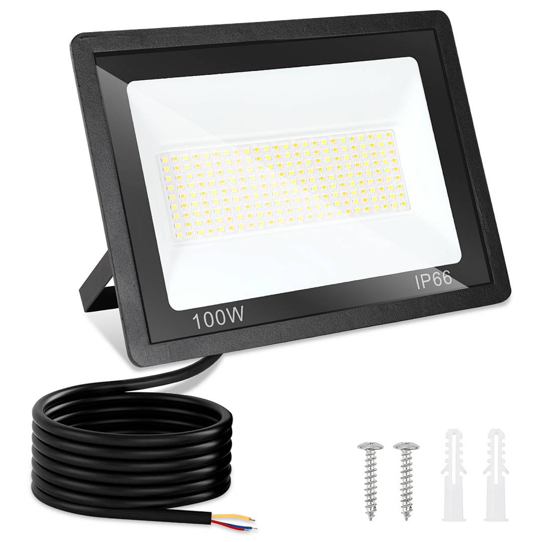 Schwarzer 100W IP66-LED-Flutlichtstrahler mit Stromkabel, gezeigt mit Befestigungsschrauben und Wanddübeln.