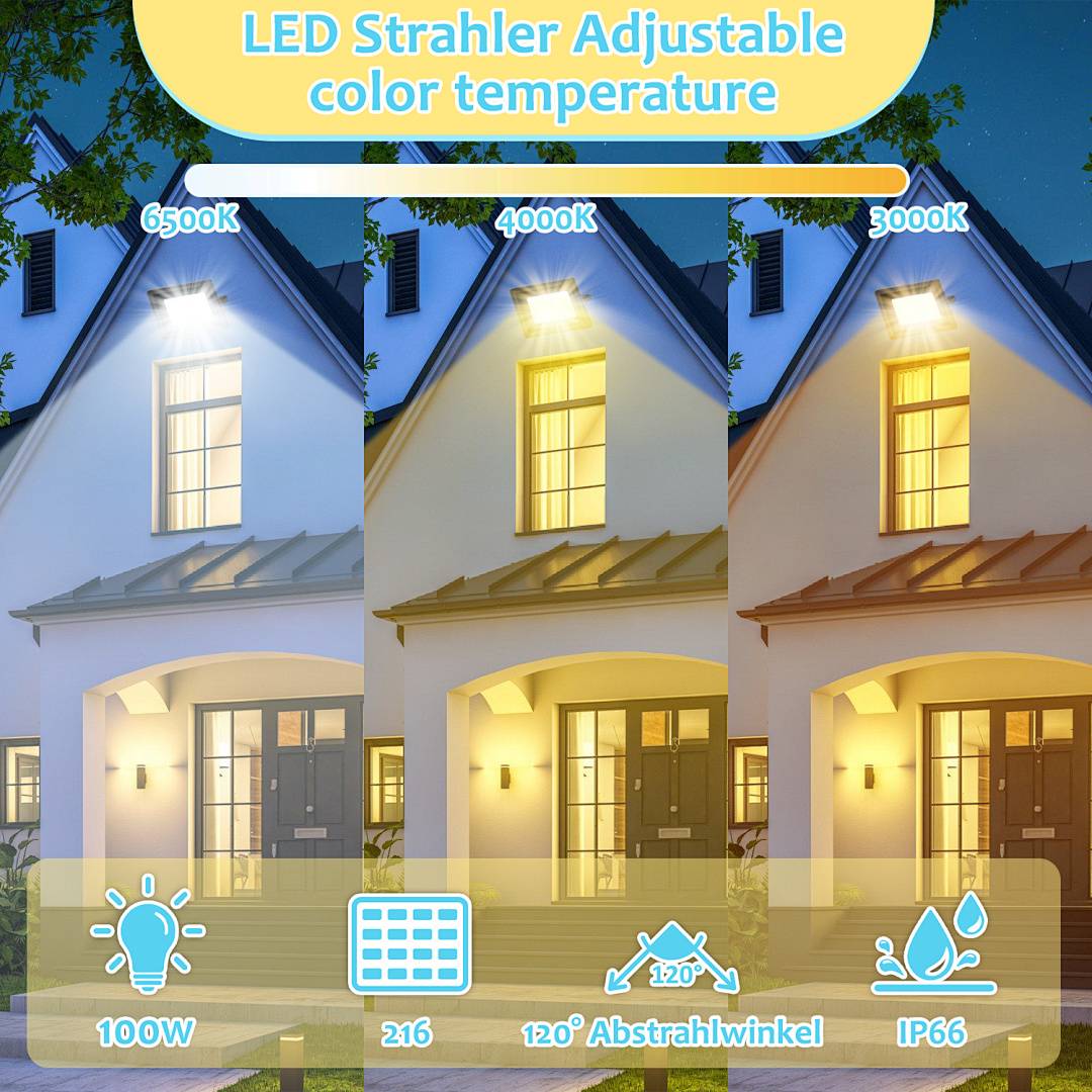 LED Fluter LED Baustrahler 1X 100W 3 Farbe 3000/4000/6500K Floodlight mit IP66 Wasserdicht
