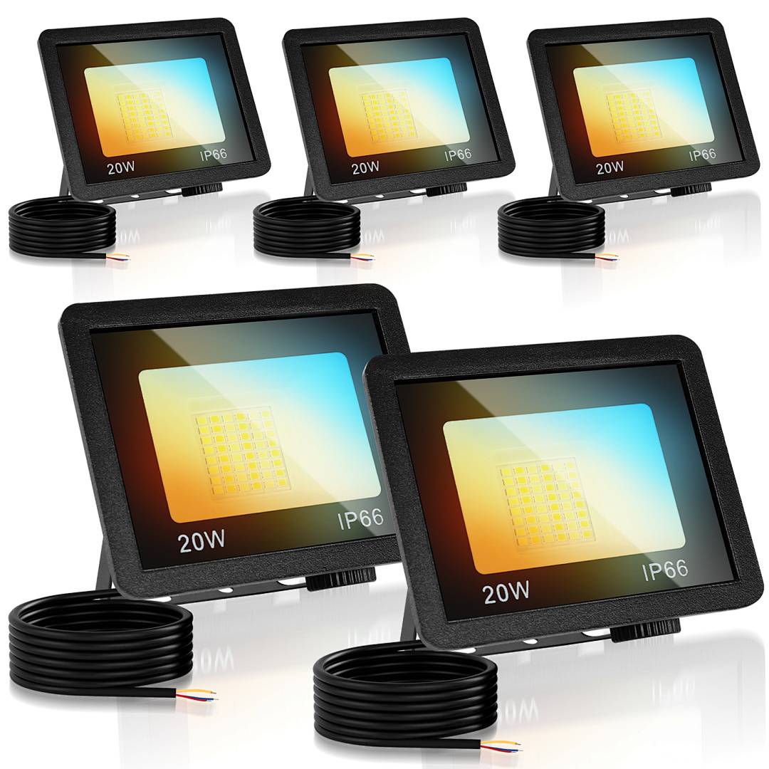 Fünf schwarze 20W LED-Flutlichter mit IP66-Schutzart und angebrachten spiralförmigen Stromkabeln, in mehreren Größen auf weißem Hintergrund dargestellt.