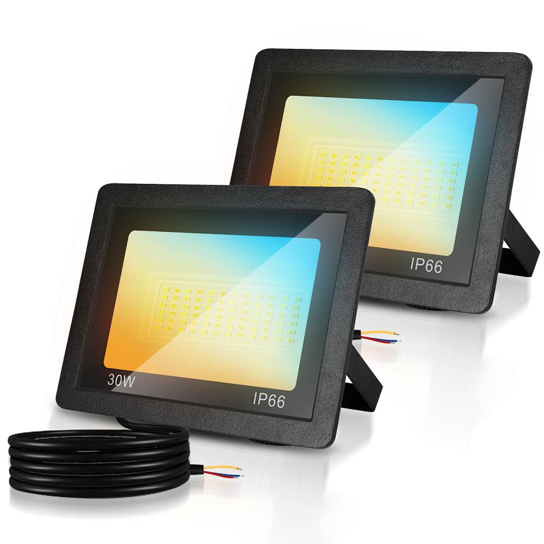Zwei schwarze 30W IP66 LED-Flutlichter mit angebrachten Stromkabeln, gezeigt auf weißem Hintergrund.