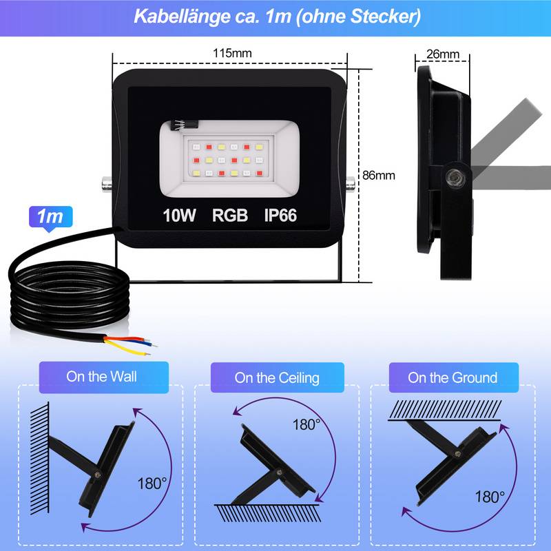 10W LED-Strahler RGB Außenstrahler mit Fernbedienung RGB LED Strahler LED Scheinwerfer RGB 2 Stück