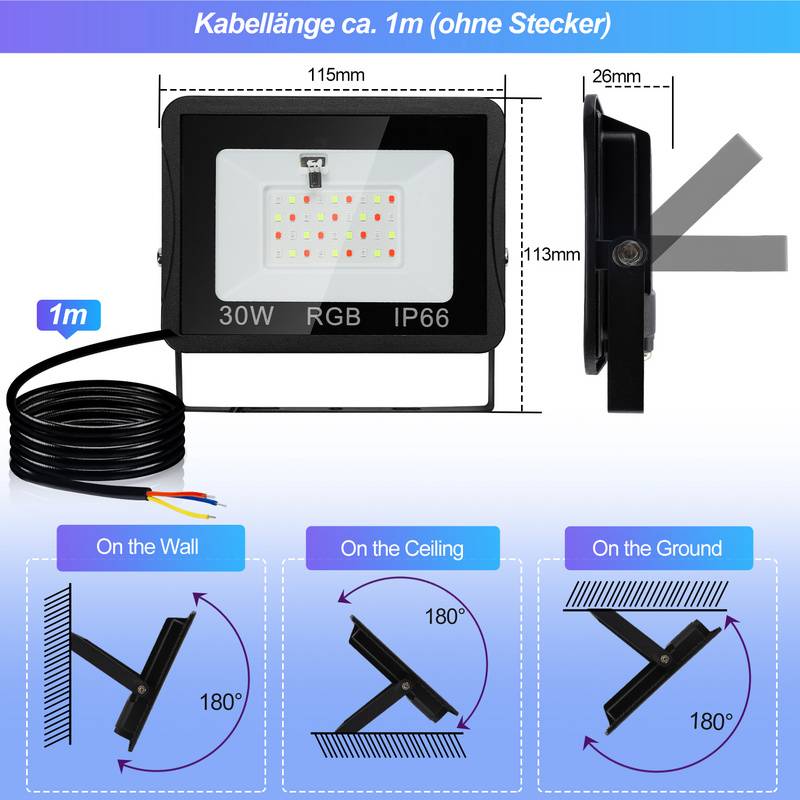 RGB LED Strahler 30W RGB fluter RGB LED Außenstrahler Außenstrahler mit Fernbedienung IP66 Wasserdicht für Garten 2 Stück