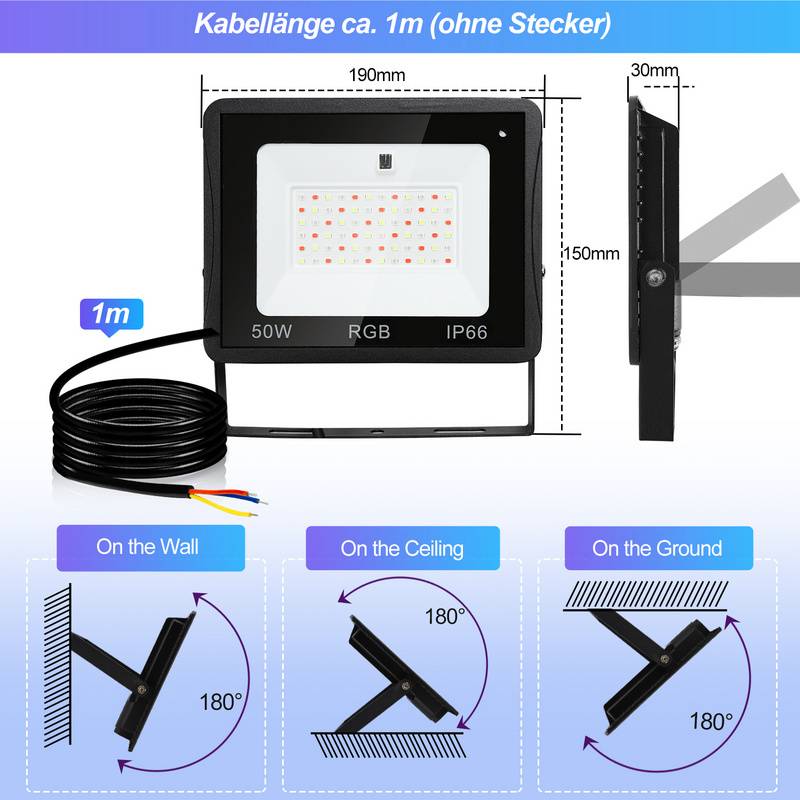 50W RGB fluter mit Fernbedienung RGB LED Strahler RGB LED Außenstrahler IP66 Wasserdicht 4 Stück