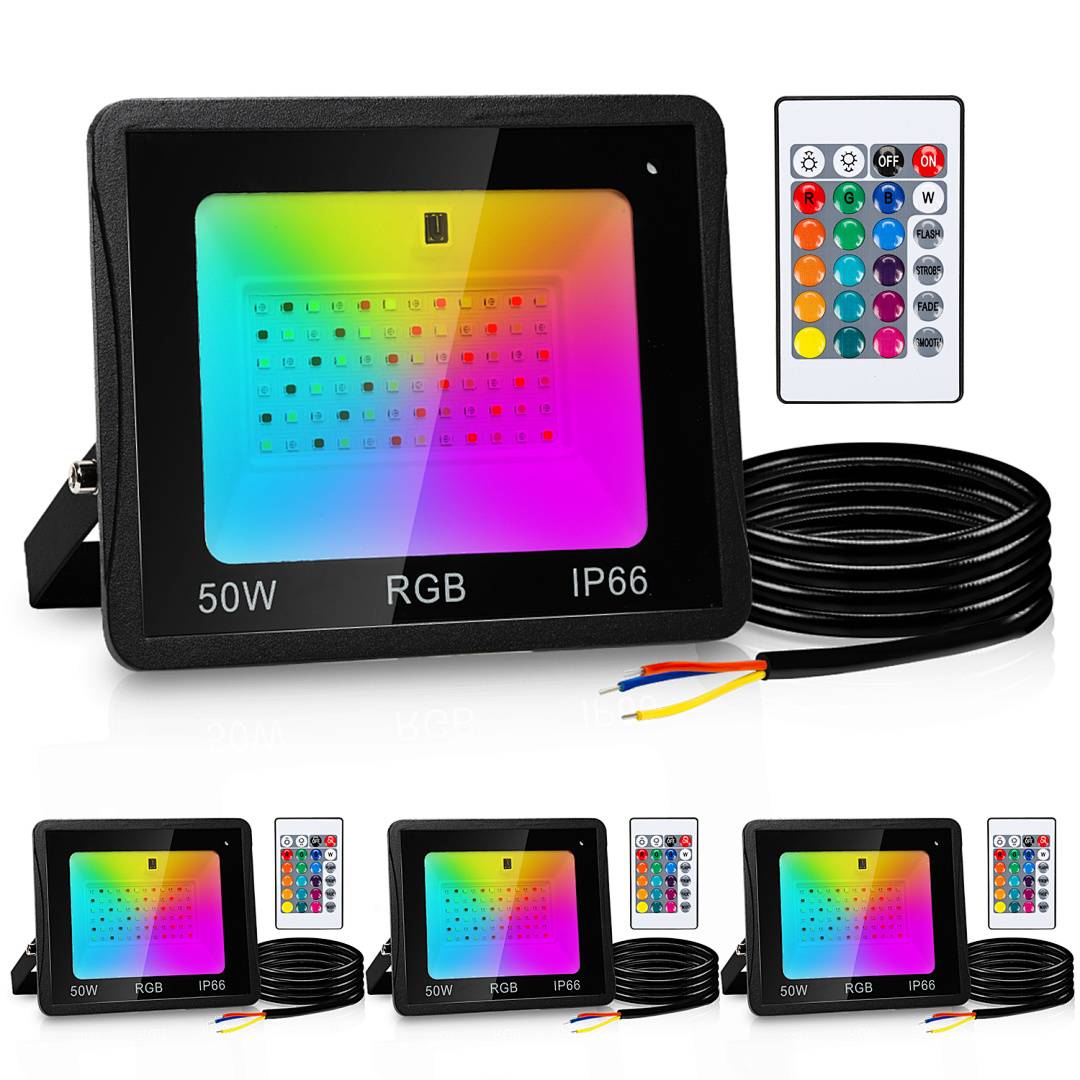 RGB-LED-Flutlichtkits mit 50W IP66 Wasserschutzleuchte, Fernbedienung und Stromkabel; gezeigt als Einzelgerät und Dreierpack.