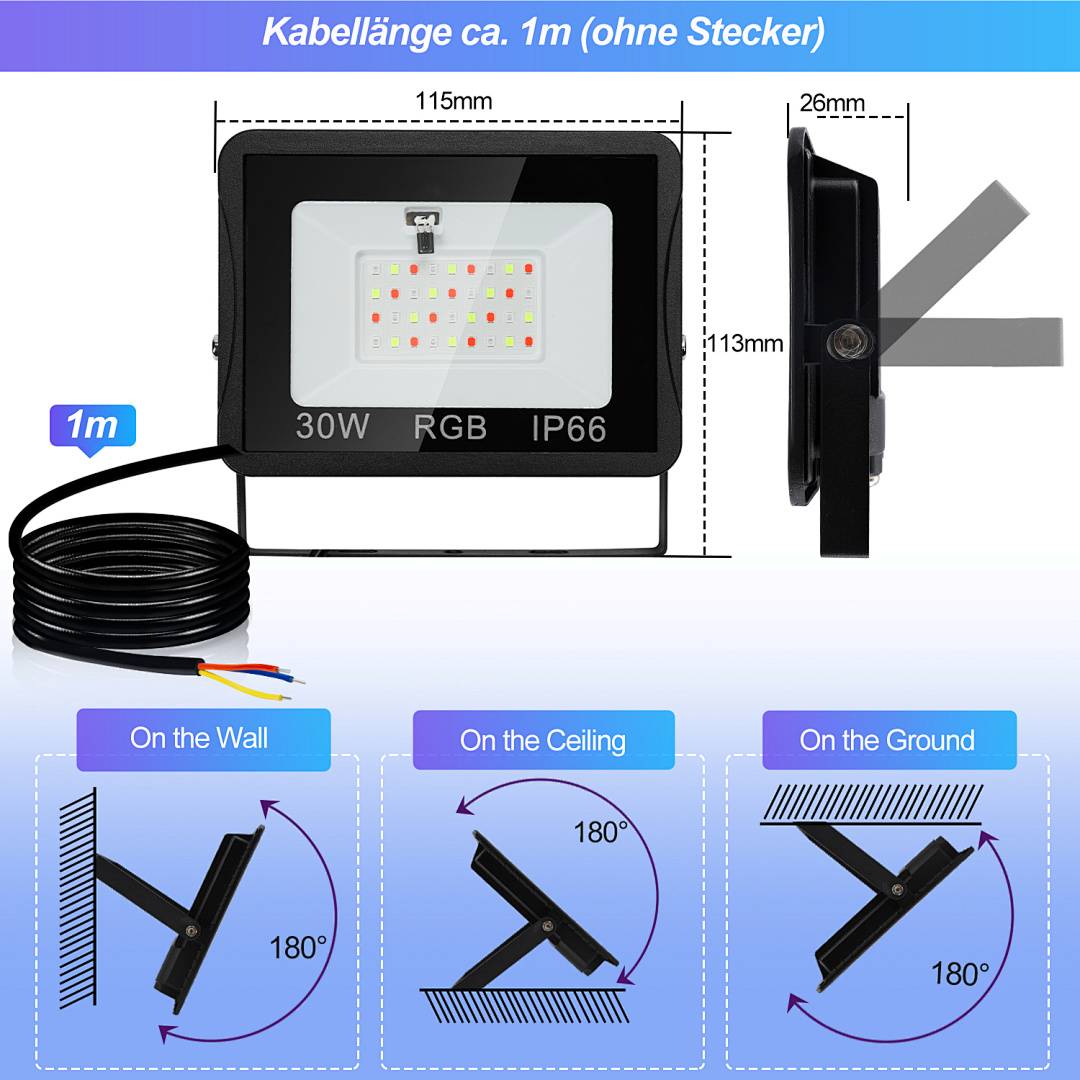 30W RGB IP66 LED-Flutlicht mit 1m Kabel, Abmessungen 115 mm x 113 mm x 26 mm und 180° verstellbarer Halterung für Wand-, Decken- oder Bodenmontage.
