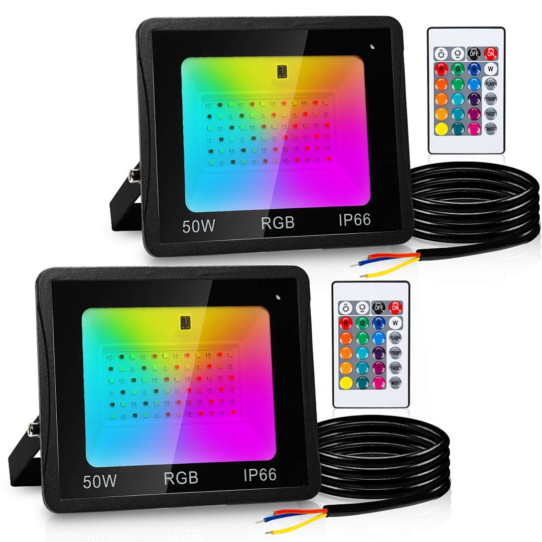 50W RGB fluter mit Fernbedienung RGB LED Strahler RGB LED Außenstrahler IP66 Wasserdicht 2 Stück