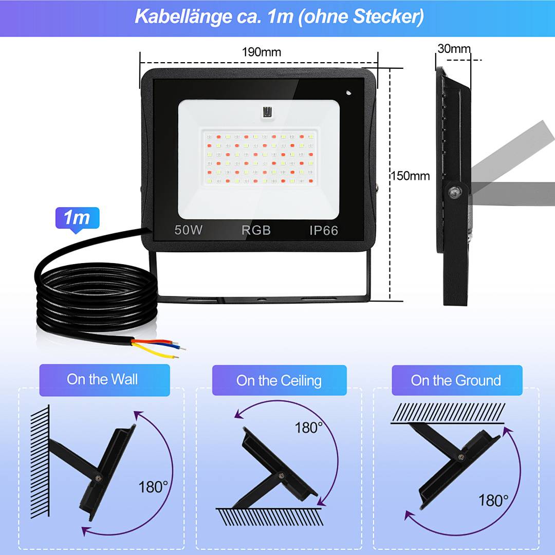 50W LED-Strahler RGB Außenstrahler mit Fernbedienung RGB LED Strahler LED Scheinwerfer RGB 2 Stück