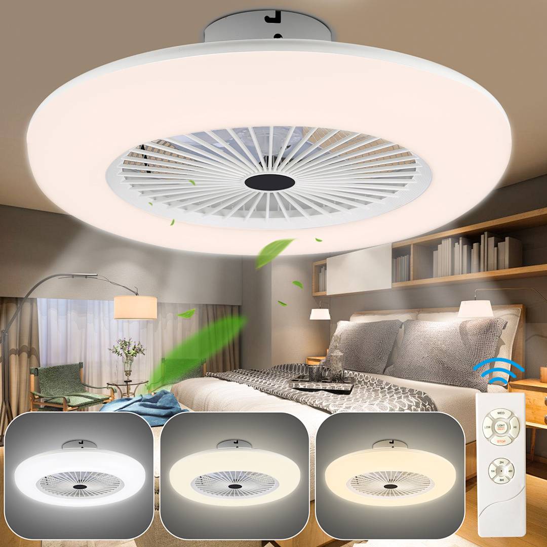 Werbeabbildung eines modernen Deckenventilators mit integrierter LED-Beleuchtung, dargestellt über einer Schlafzimmerszene und drei Farboptionen für die Beleuchtung mit Fernbedienung.