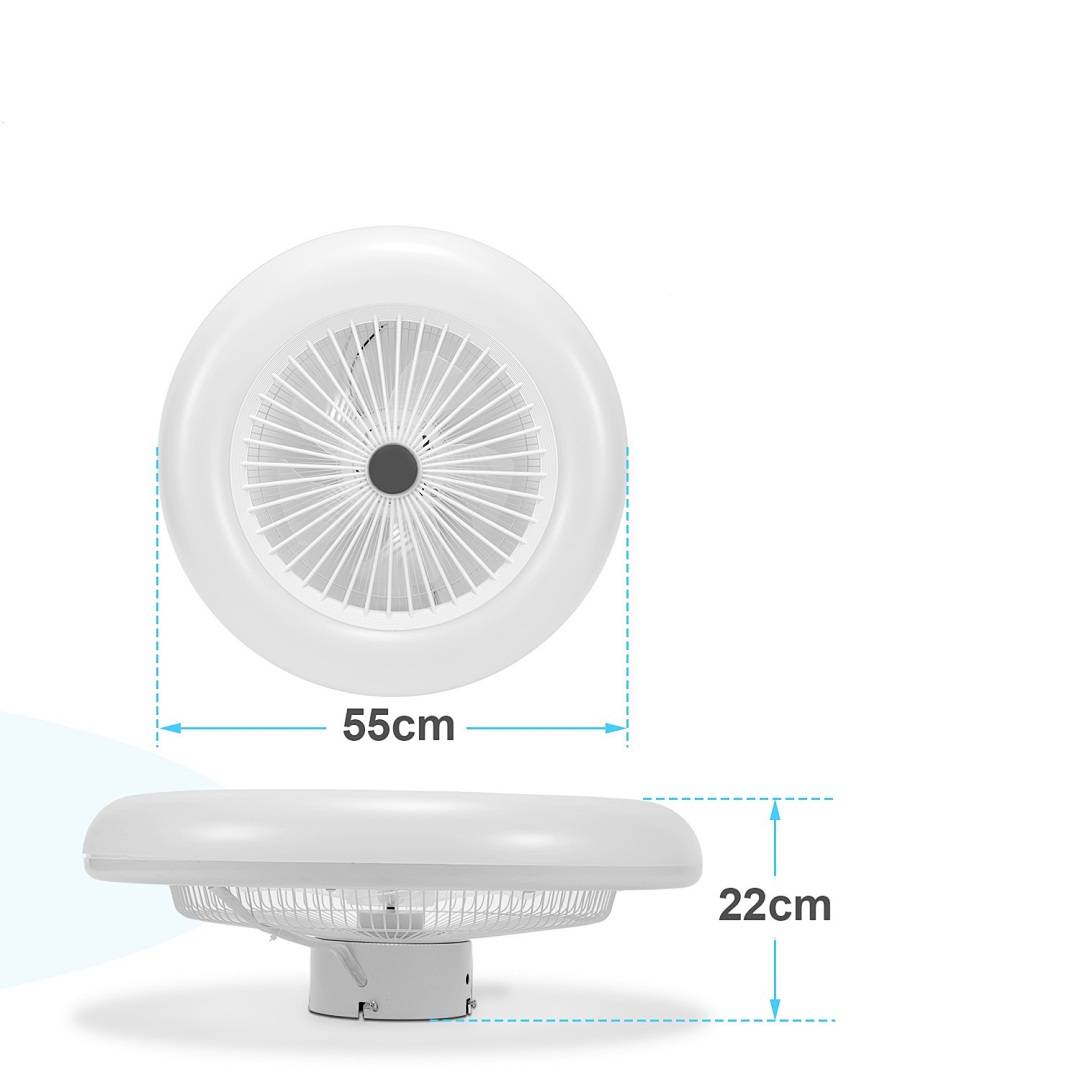 Runder weißer Deckenventilator von vorne und von der Seite gezeigt, mit einer Breite von 55 cm und einer Höhe von 22 cm gekennzeichnet.