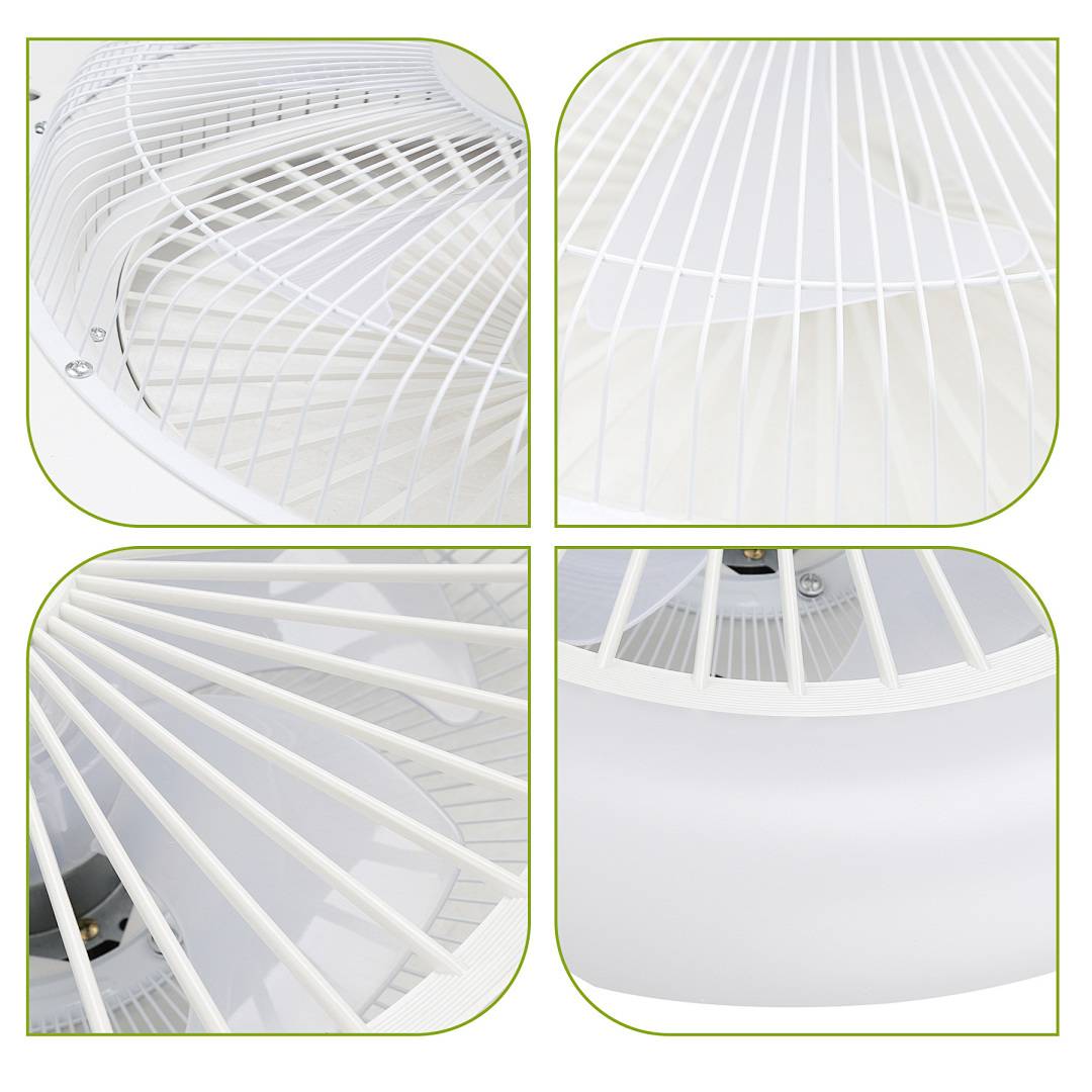 Collage aus einem weißen Metall-Schutzgitter für einen Ventilator und einem Lampenschirm, aus nahmen Blickwinkeln gezeigt, um die gekrümmten Lamellen und den kreisförmigen Rahmen hervorzuheben.