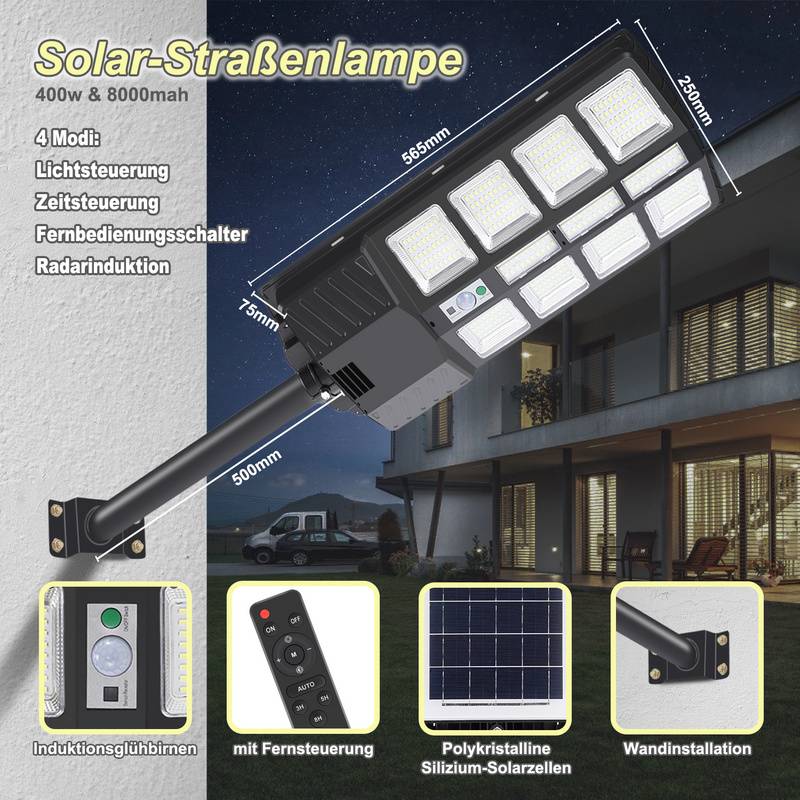 2X 400W Straßenlaterne Wandleuchte Solar mit Bewegungsmelder Straßenlampe LED