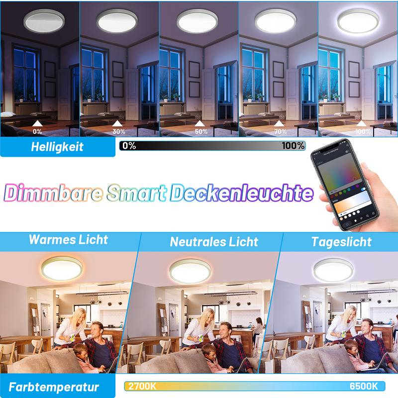 Smart LED Deckenleuchte 24W für Küchen mit RGB Farbwechsel - Büroleuchte, 2040LM, dimmbar