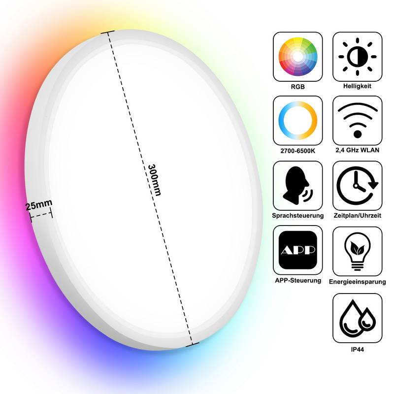 24W Smart LED Deckenleuchte für Wohnzimmer mit Farbwechsel, dimmbar, RGB-Bürolampe - 2040LM
