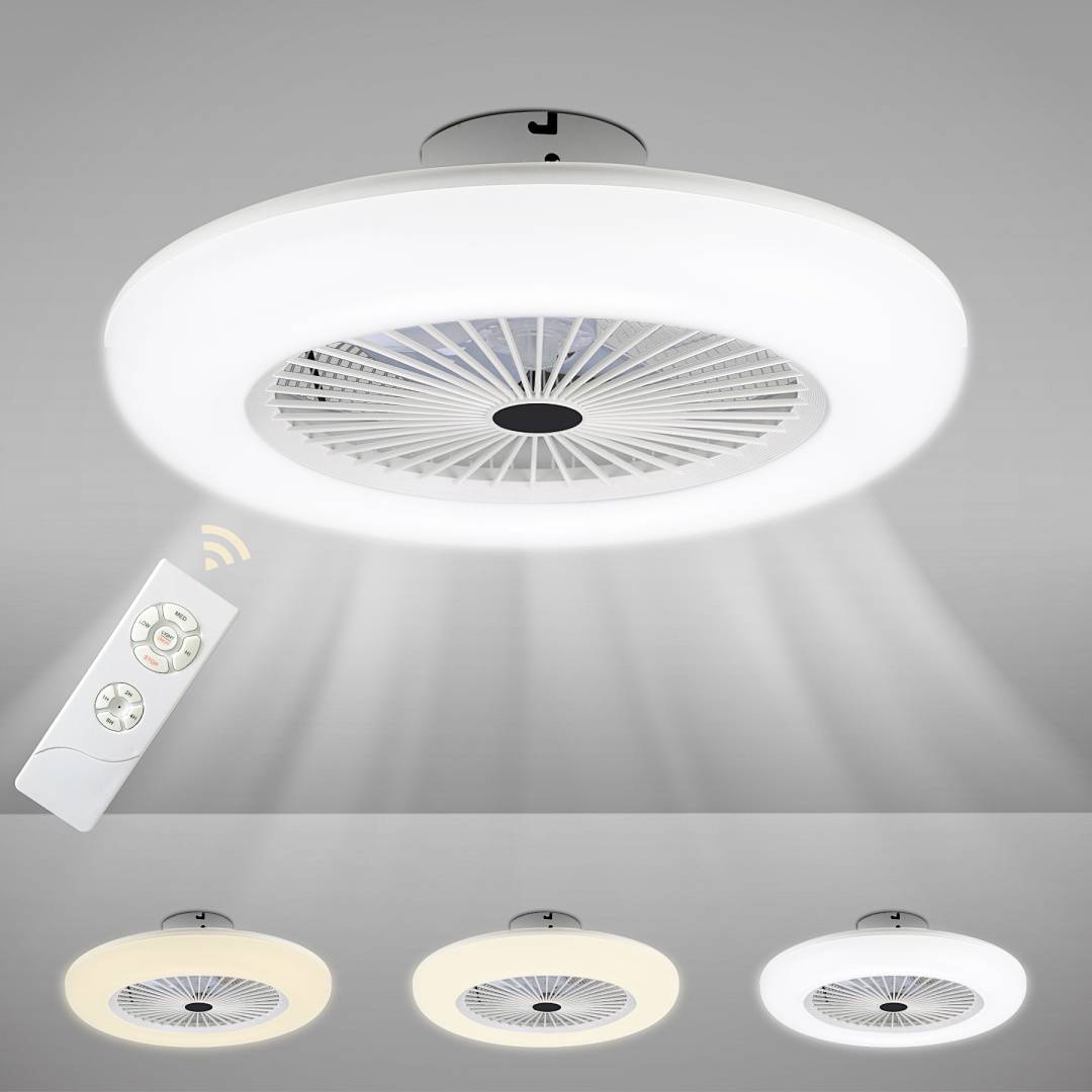 Deckenventilator mit runder LED-Leuchte und Fernbedienung, gezeigt in drei Farbtemperaturen: Warmweiß, Neutralweiß und Kaltweiß.