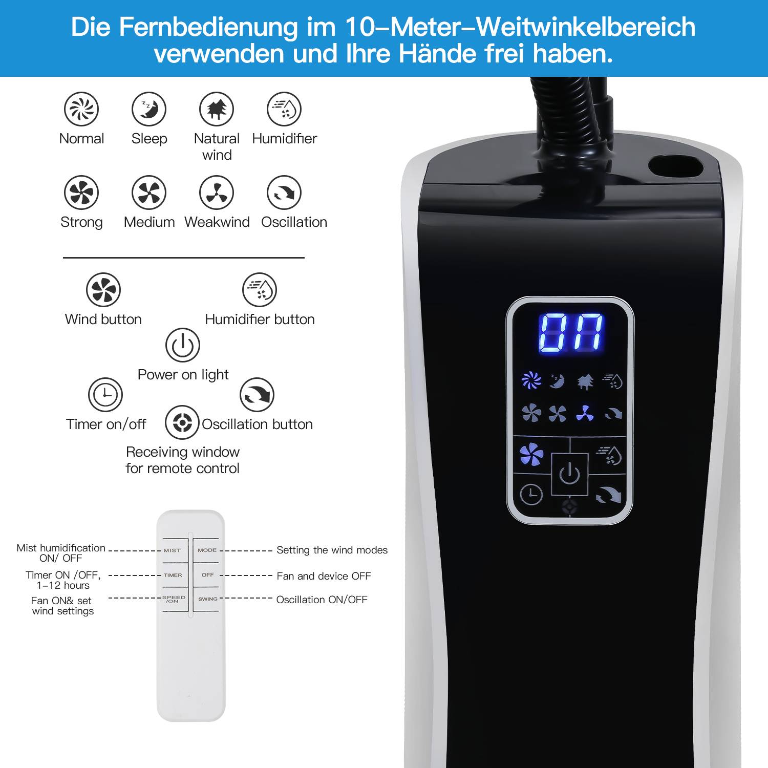 Standventilator 75 Watt Ventilator 7.5h Timer 3 Geschwindigkeitsstufen Bodenventilator Windmaschine mit Fernbedienung