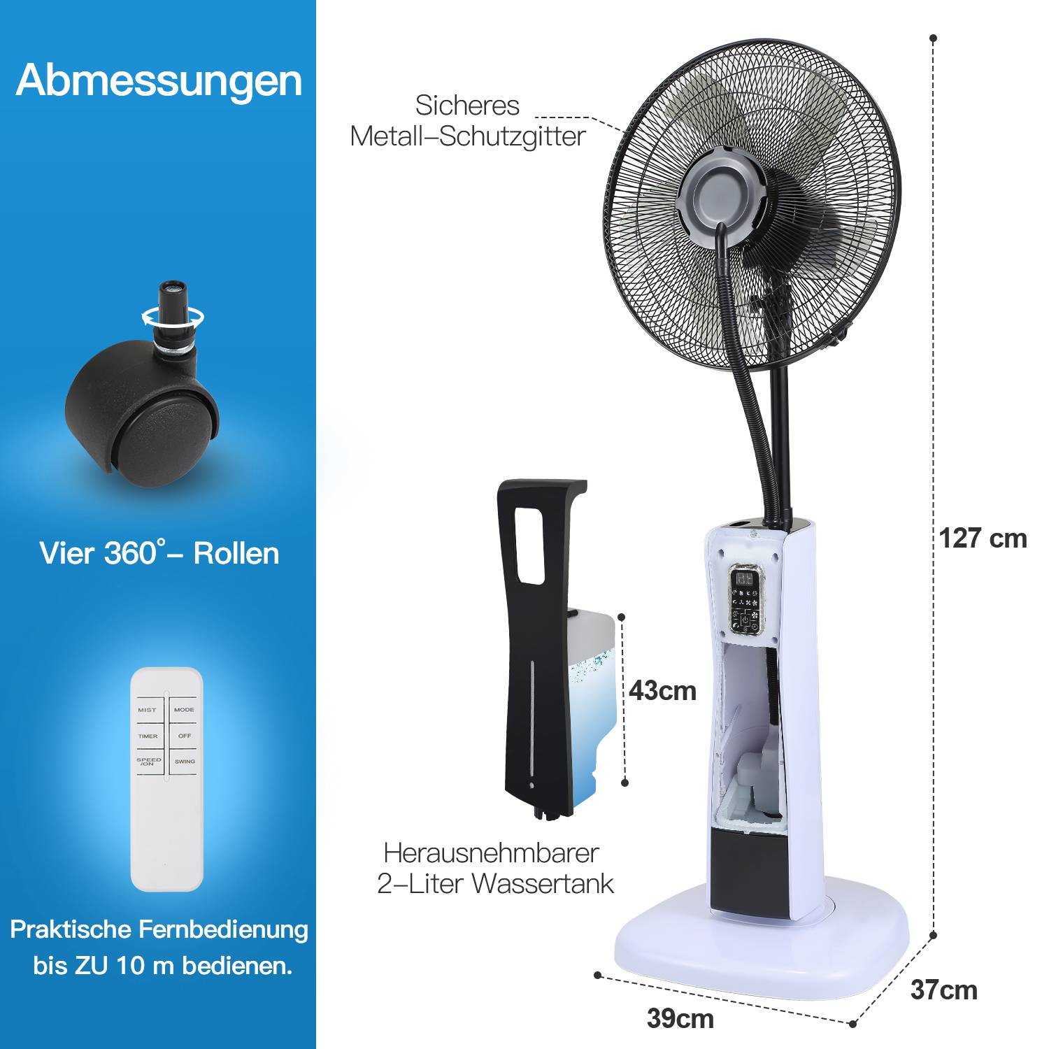 Ventilator 75W Standventilator 3 Geschwindigkeitsstufen Bodenventilator Windmaschine 7.5h Timer mit Fernbedienung