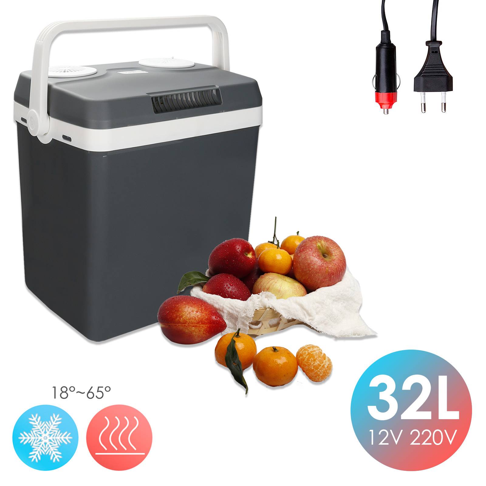 Tragbare 32-Liter-Kühlbox mit Griff und Stromkabel, abgebildet mit Obst und Temperaturikonen zum Kühlen und Heizen, 12V/220V.