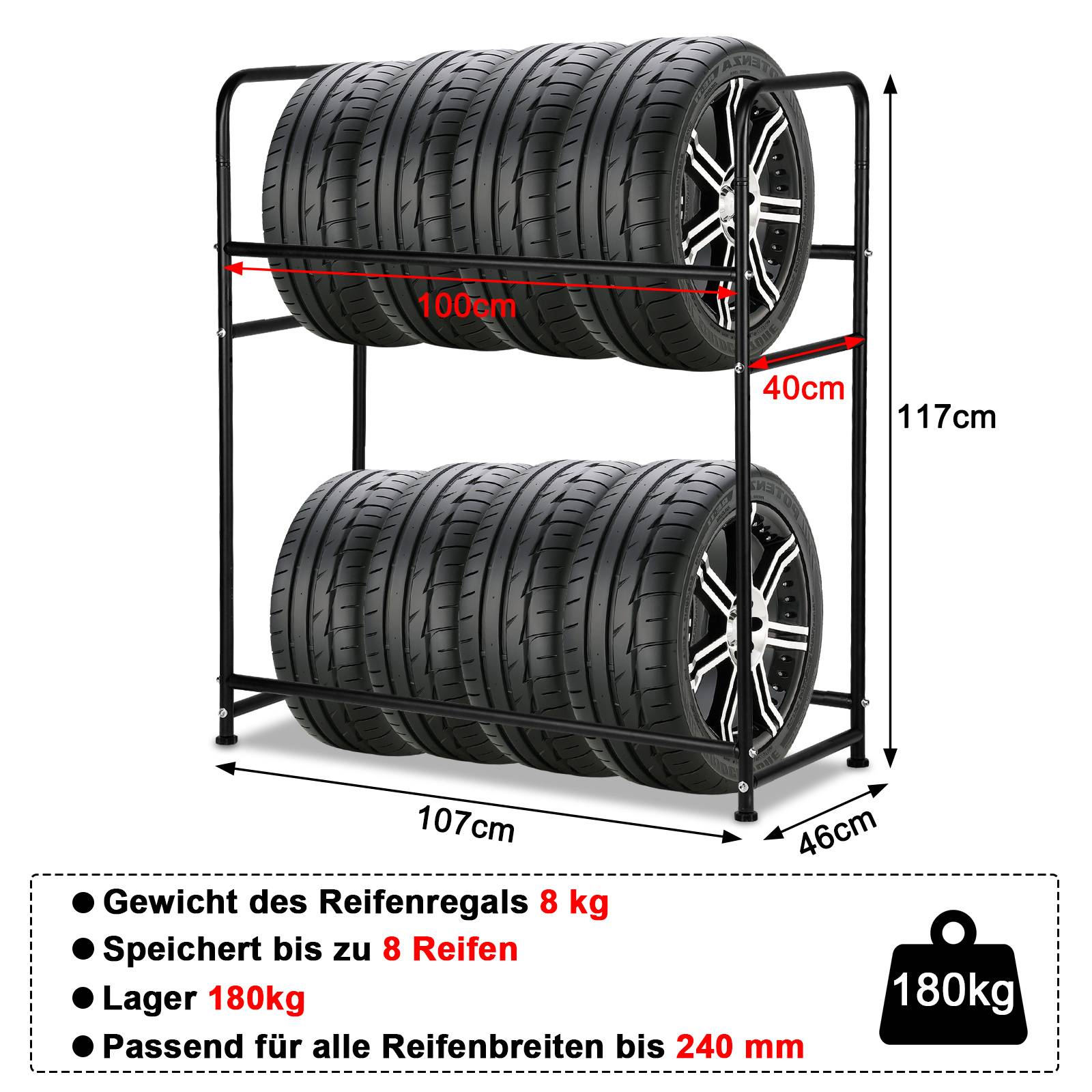 Reifenregal ,bis zu 8 Reifen,107x46x117cm ,180kg Fachlast, ,Schwarz,mit Reifenschutzhuelle