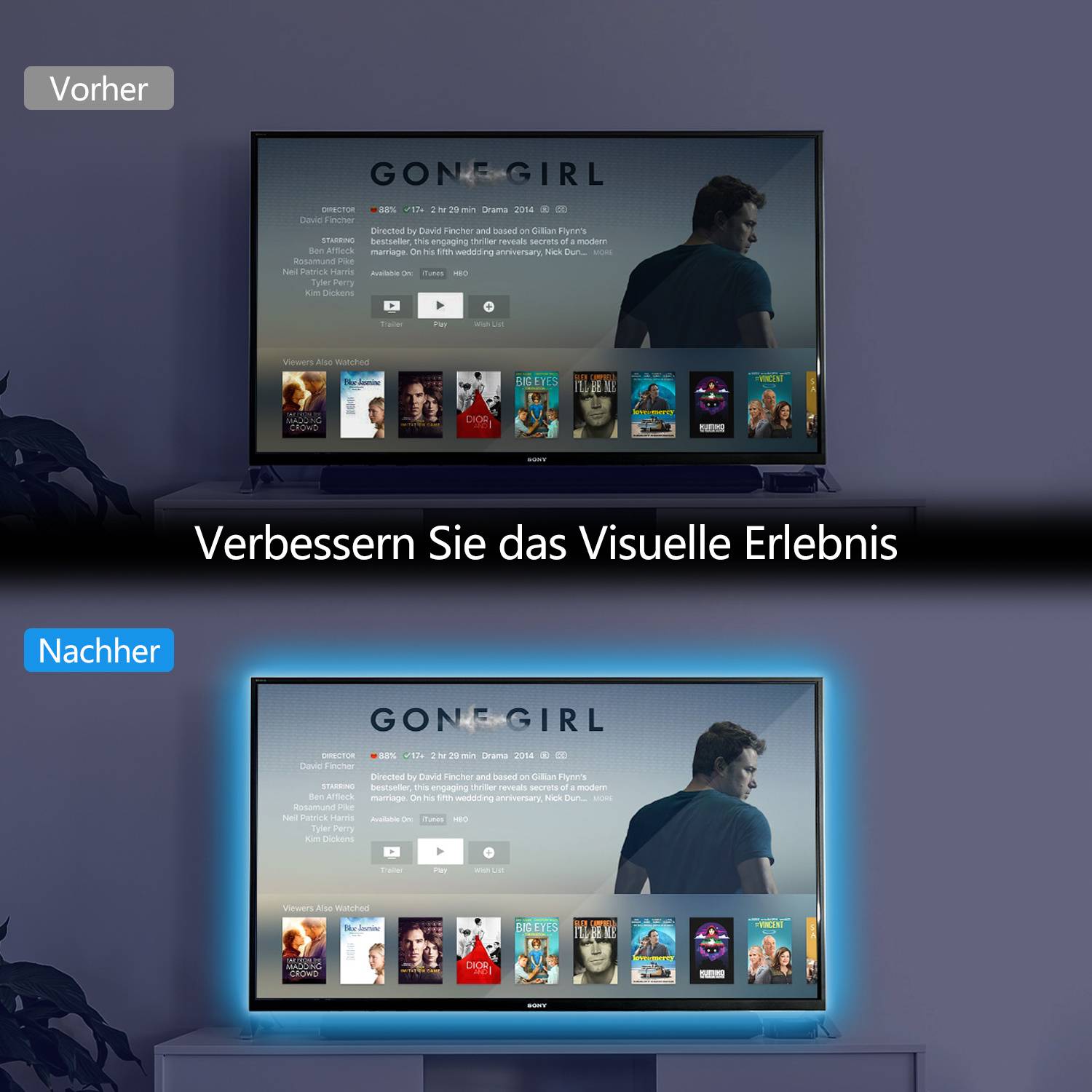 Vor-und-Nach-Setup für Fernsehbetrachtung: „Vorher" zeigt einen dunklen Bildschirm; „Nachher"" zeigt denselben Fernseher heller mit einem blauen Glanz, was das visuelle Erlebnis verbessert.
