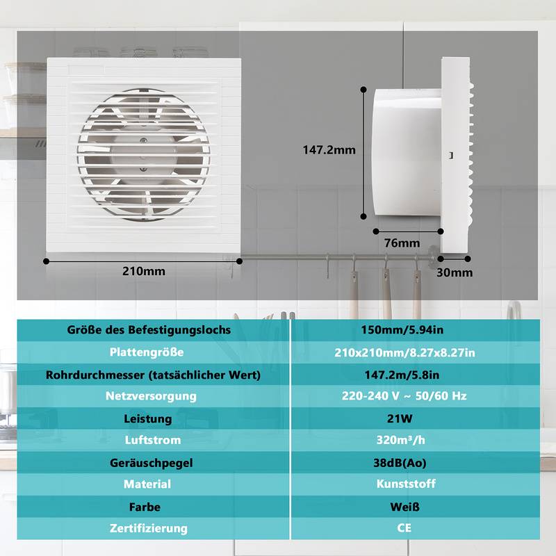 Badlüfter Wandlüfter Mit Rückflussleitblech Ventilator Rohrlüfter 150mm