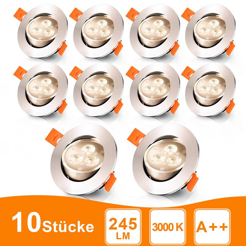 10er LED Einbaustrahler Deckeneinbauleuchte Set Einbauleuchte Deckenleuchte Einbauspot Deckenspot 245LM Strahler Warmweiß 3W