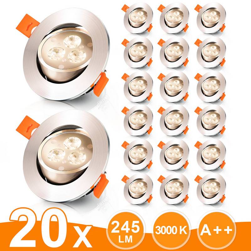 20er LED Einbaustrahler Deckeneinbauleuchte Set Einbauleuchte Deckenleuchte Einbauspot Deckenspot 245LM Strahler Warmweiß 3W
