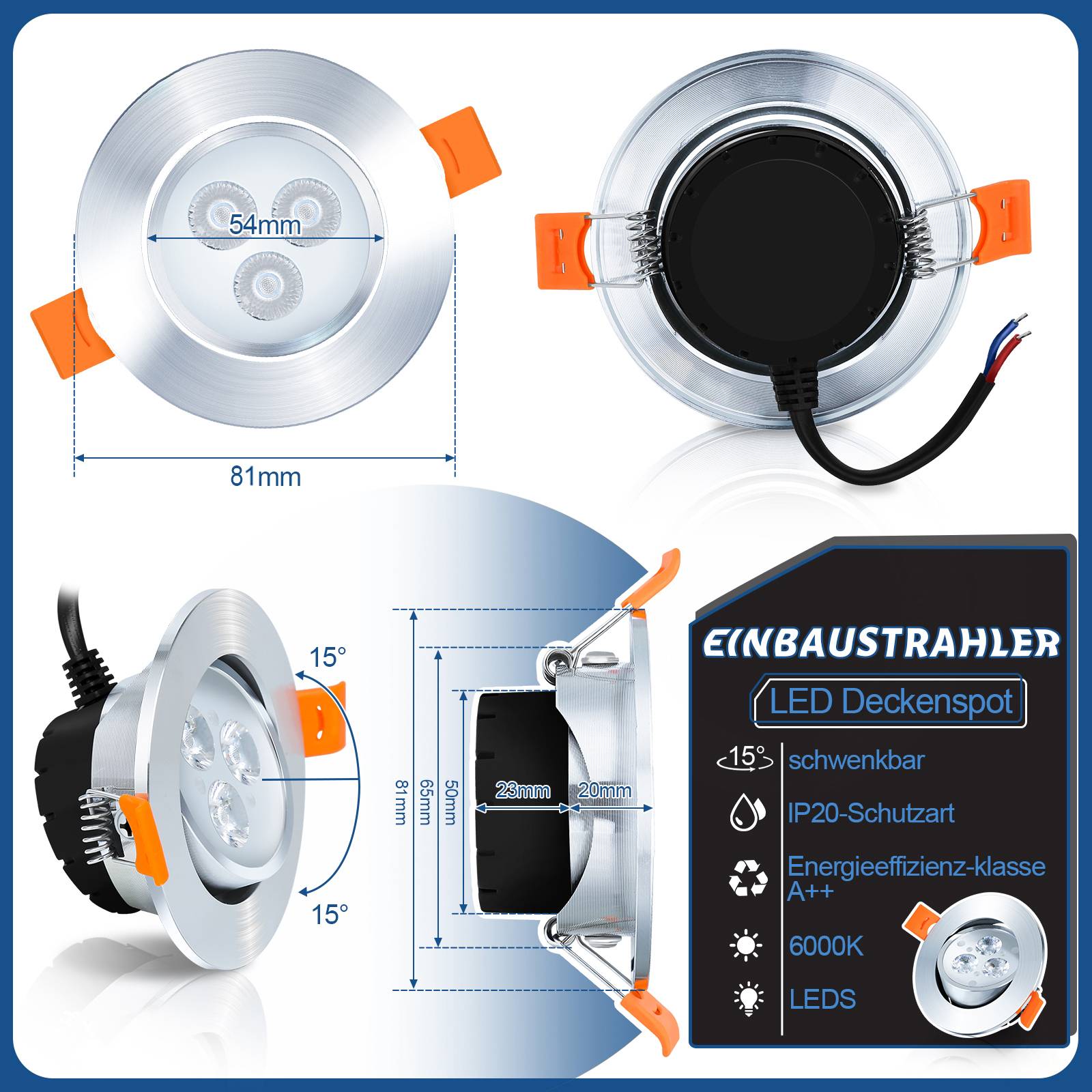 20x 3W LED Einbaustrahler 245lm Warmweiß Spot Deckenstrahler Schwenkbar Einbauspot Einbauleuchte Deckeneinbauleuchte