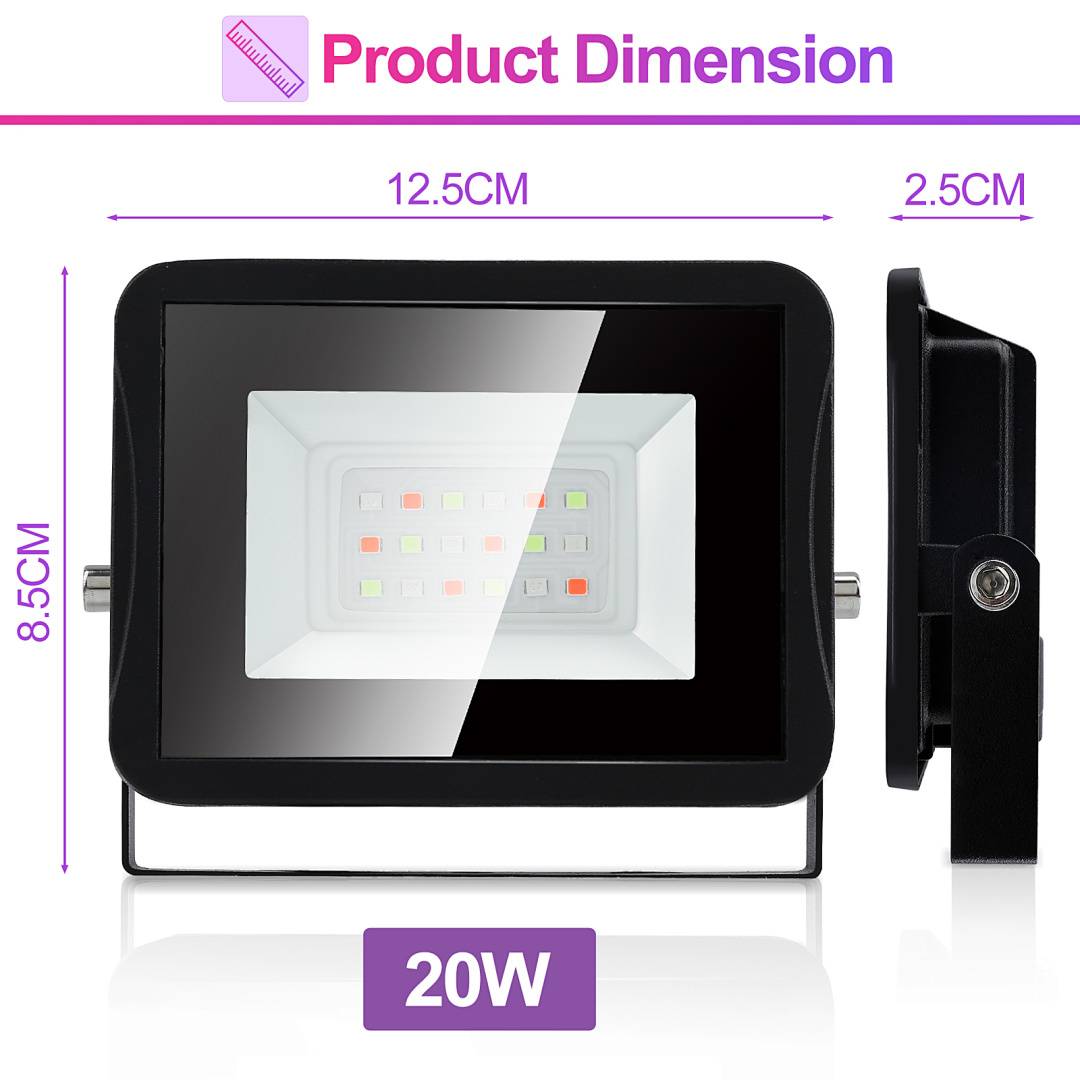 Produktdimensionsdiagramm einer 20W LED-Flutlicht, das Front- und Seitenansichten mit Abmessungen zeigt: 12,5 cm breit, 8,5 cm hoch, 2,5 cm tief.