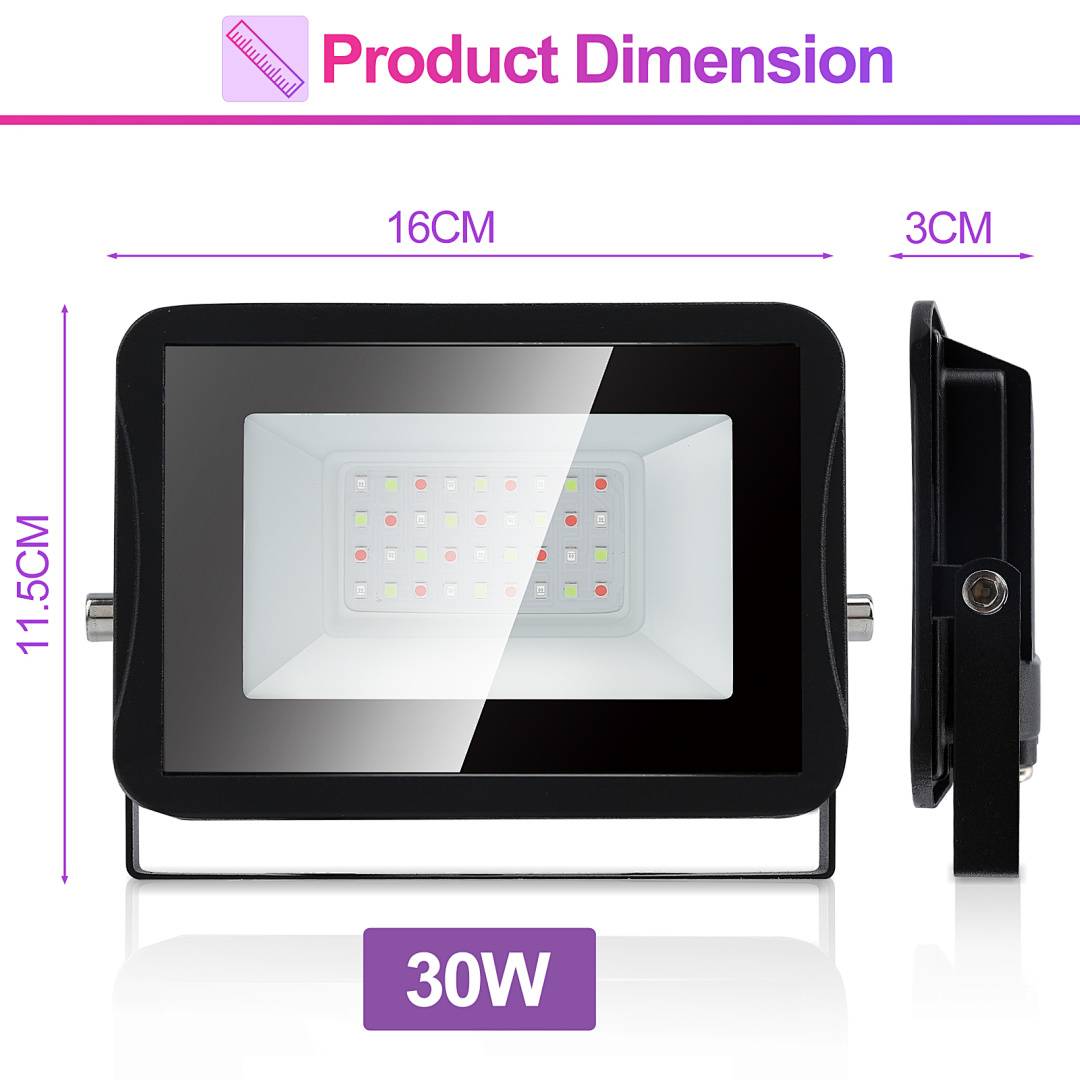 Produktabmessungsdiagramm mit Vorder- und Seitenansicht einer 30W-LED-Flutlichtleuchte mit einer Breite von 16 cm, einer Höhe von 11,5 cm und einer Tiefe von 3 cm.