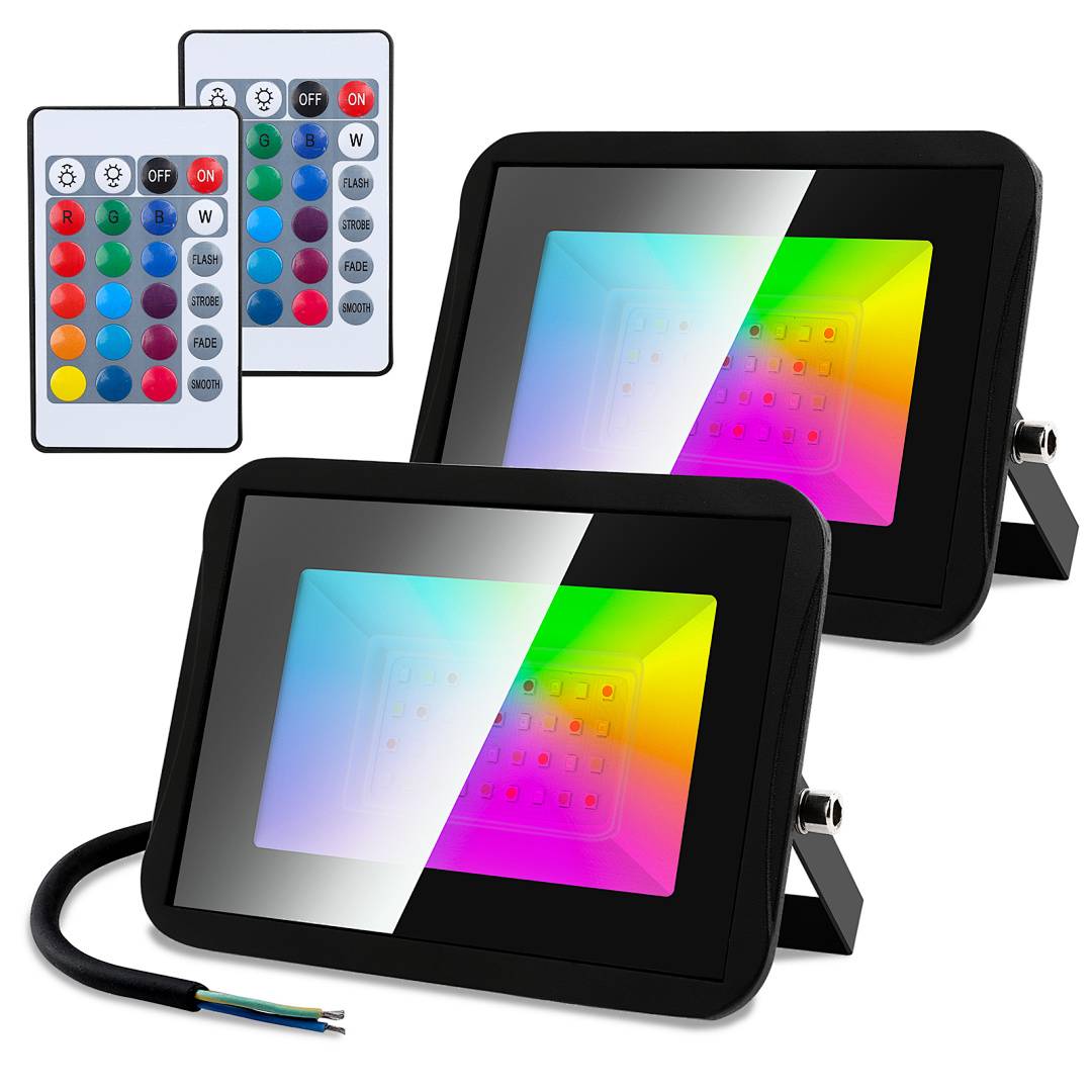 Zwei LED-Flutlichter mit RGB-Farbwechsel-Displays und Fernbedienungen, angezeigt als Produktanzeige.