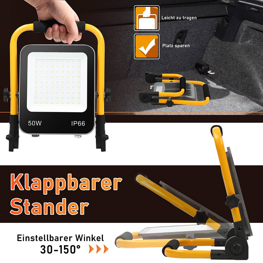 Werbebild einer faltbaren 50W IP66 Arbeitsleuchte mit verstellbarem Ständer, dargestellt in tragbarer und zusammengeklappter Form; deutscher Text hebt Tragbarkeit, Platzsparnis und 30-150° Winkelverstellung hervor.