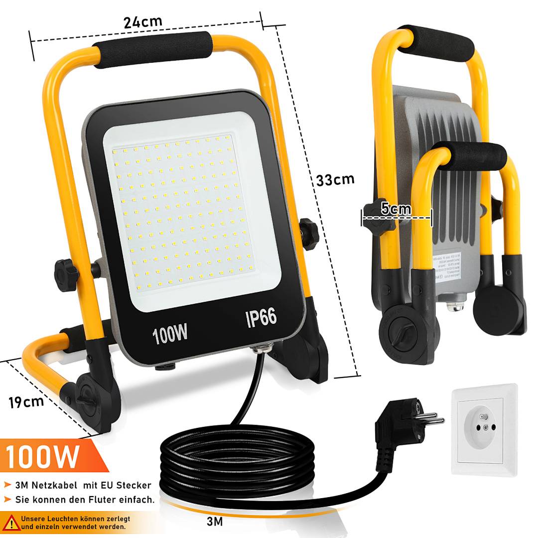 Produktbild einer 100W IP66 LED-Flutlichtstrahler auf einem gelben Ständer, mit 3 m Stromkabel und EU-Stecker; Abmessungen gekennzeichnet 24 cm mal 33 cm mal 19 cm.