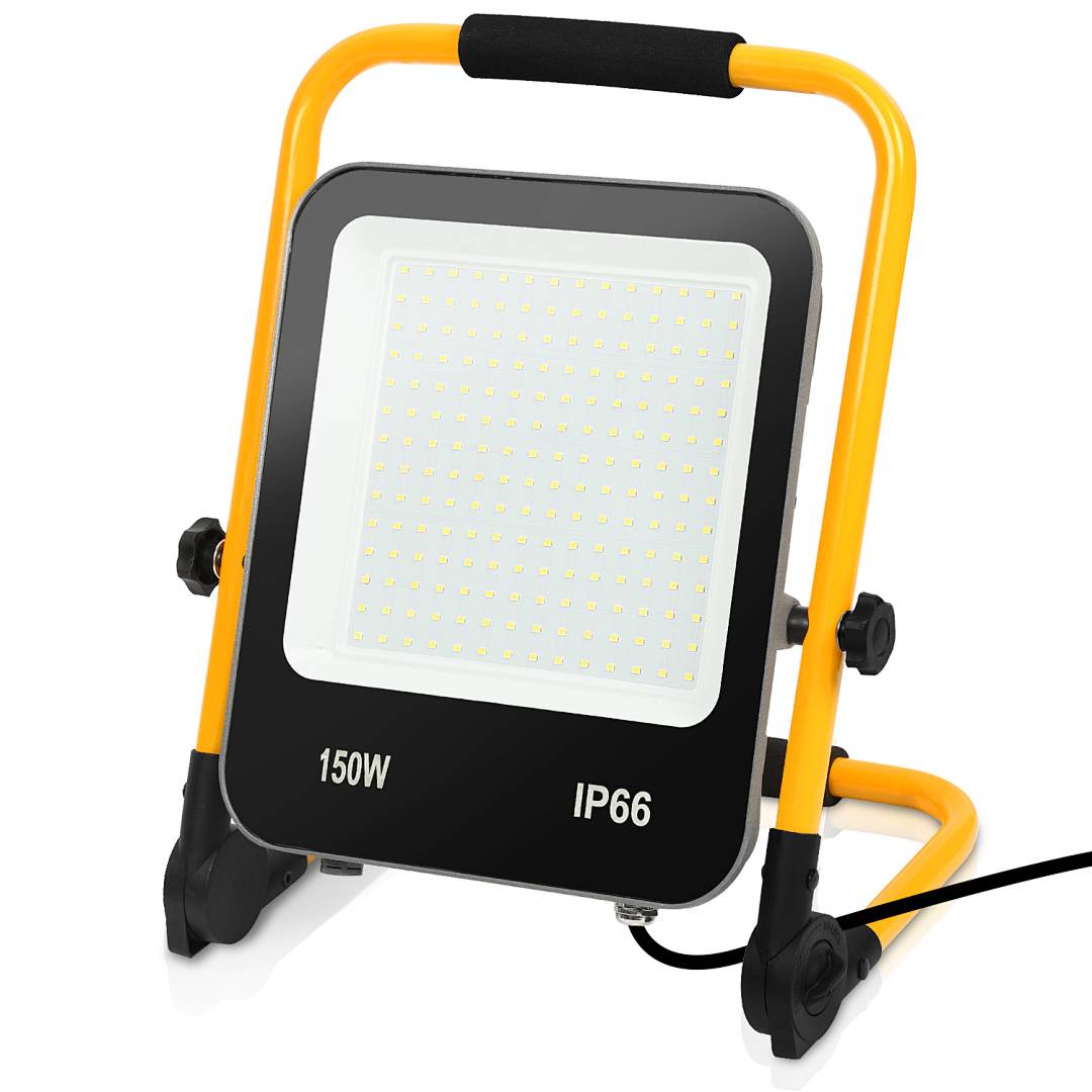 Tragbare LED-Arbeitsleuchte mit gelbem Griff und Ständer, gekennzeichnet mit „150W