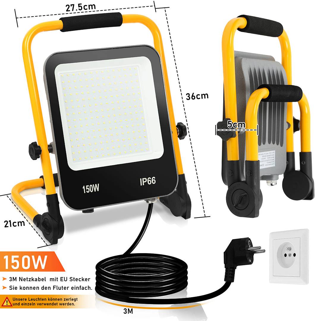 Tragbarer 150W LED-Flutlichtstrahler auf gelbem Ständer mit 3m Kabel und EU-Stecker; gekennzeichnet mit IP66, 27,5cm breit und 36cm hoch.
