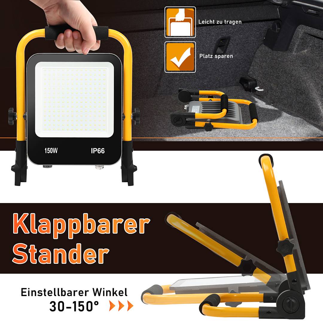 Werbegrafik für ein faltbares LED-Arbeitslicht mit gelbem Griff und verstellbarem Ständer, mit der Bezeichnung 150W und IP66; der Text lautet „Leicht zu tragen", „Platz sparen"", „Klappbarer Ständer"" und „Einstellbarer Winkel 30-150°"".