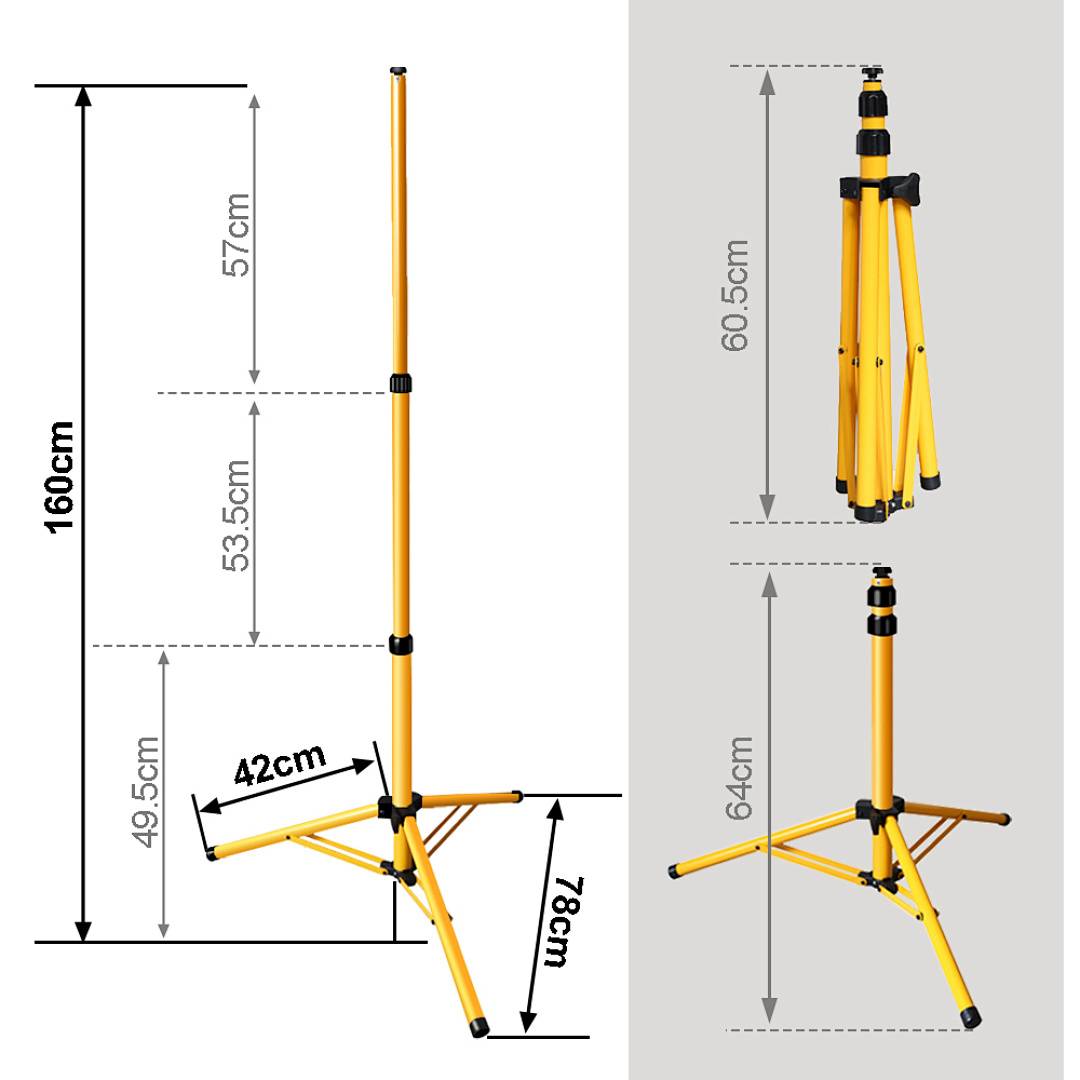 Tragbarer gelber Dreibeinstativ, das ausgefahren und zusammengeklappt gezeigt wird, mit beschrifteten Abmessungen: 160 cm Höhe ausgefahren, 60,5 cm zusammengeklappt, und 78 cm Beinspannweite.