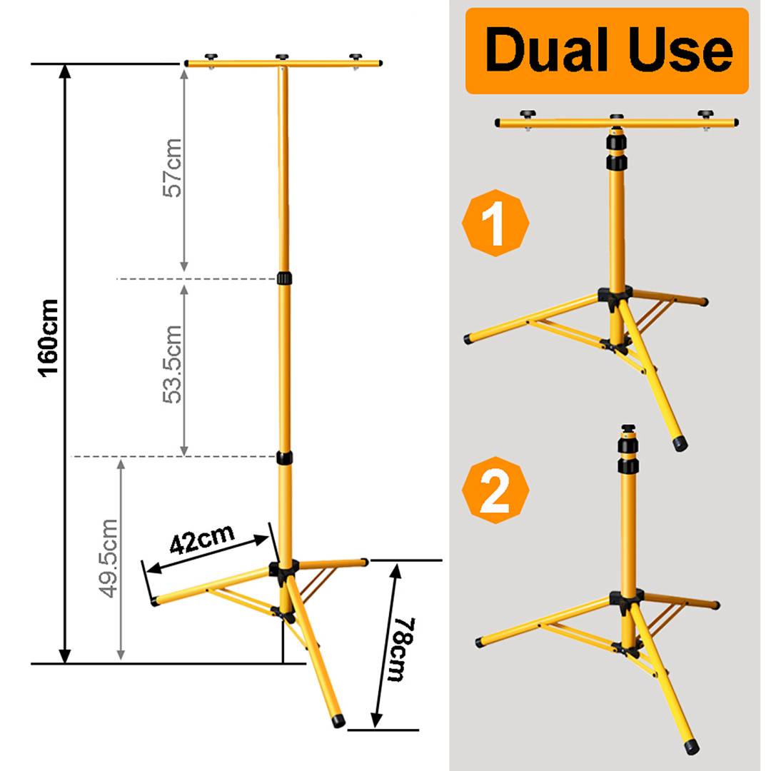 Diagramm eines gelben Dual-Use-Dreibein-Lichtstativs, das eine verstellbare Höhe von 78 cm bis 160 cm und zwei Aufbaukonfigurationen zeigt.