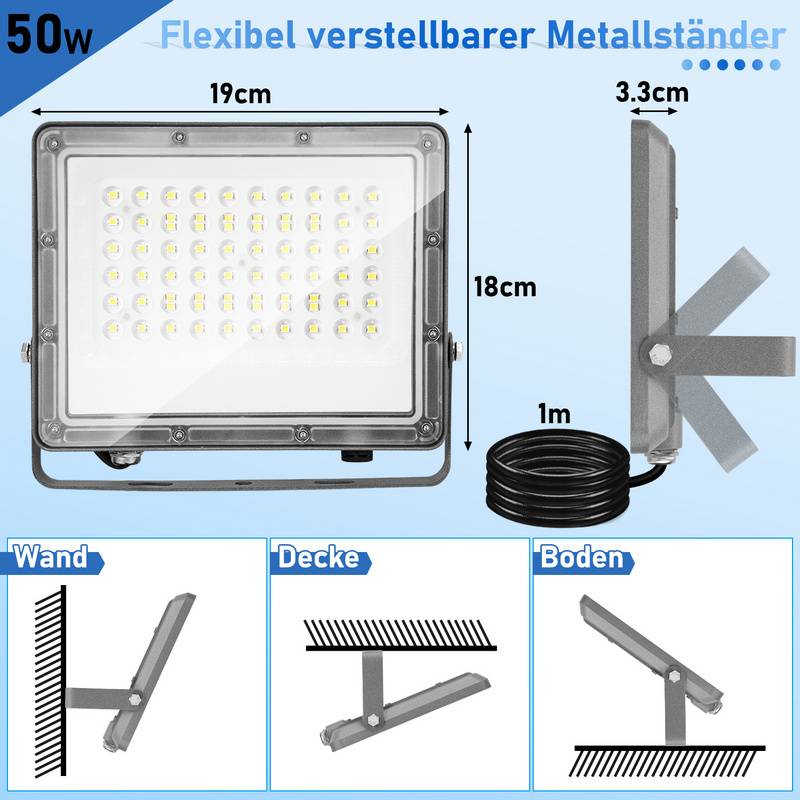 50W LED Fluter Flutlicht LED Strahler IP65 Wasserdicht Außenstrahler Outdoor-Sicherheitsleuchte für Garten Garage 6000K
