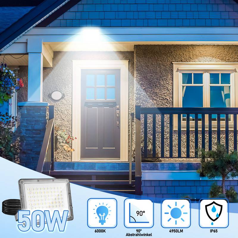 50W LED Fluter Flutlicht LED Strahler IP65 Wasserdicht Außenstrahler Outdoor-Sicherheitsleuchte für Garten Garage 6000K