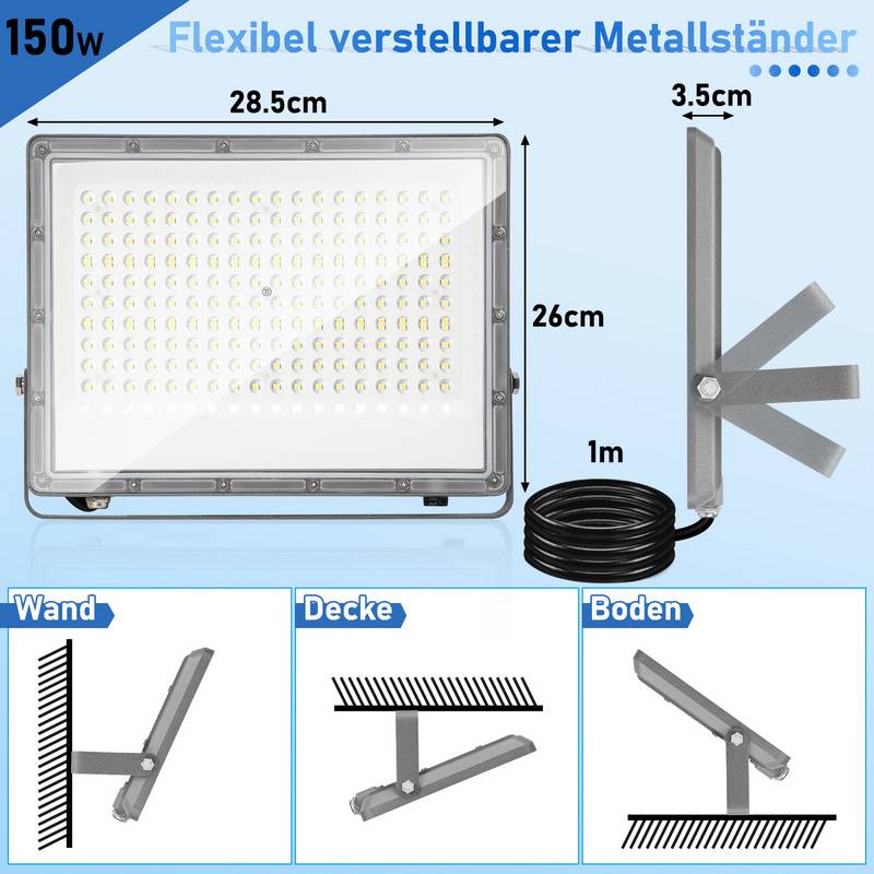 150W LED Fluter Flutlicht LED Strahler IP65 Wasserdicht Außenstrahler Outdoor-Sicherheitsleuchte für Garten Garage 6000K