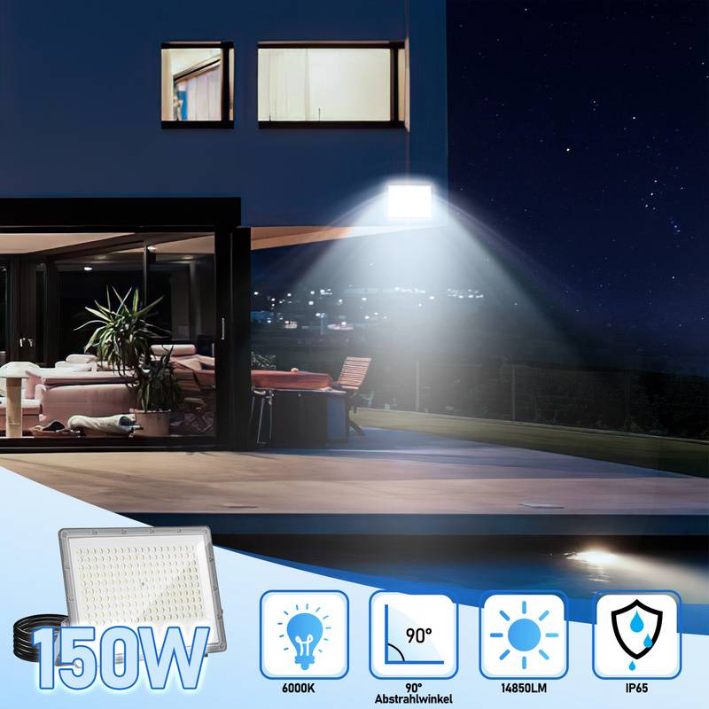 150W LED Fluter Flutlicht LED Strahler IP65 Wasserdicht Außenstrahler Outdoor-Sicherheitsleuchte für Garten Garage 6000K