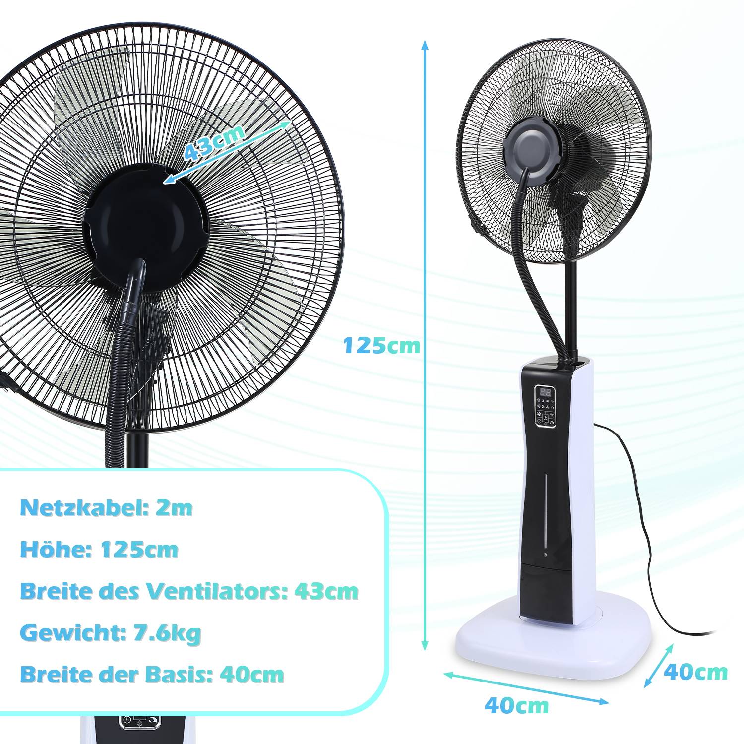 Ventilator 75W Standventilator 3 Geschwindigkeitsstufen Bodenventilator 7.5h Timer Windmaschine