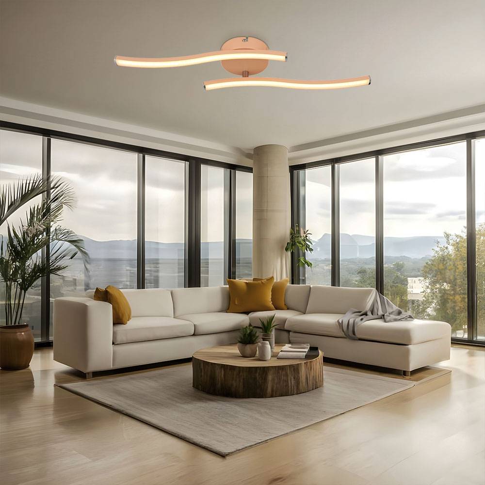 LED Deckenleuchte Wohnzimmerlampe 2 flammig Deckenlampe opal, modern, Acryl Metall pfirsich, LED 12W 920Lm 3000K, LxBxH 51,5x10x7,2 cm