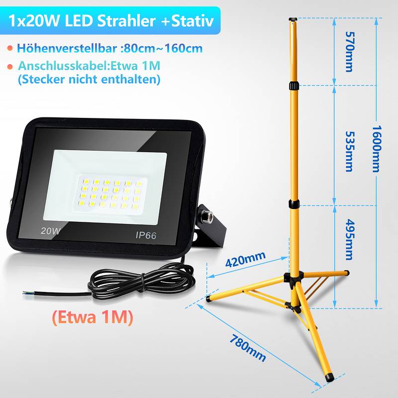 20W LED Baustrahler Fluter Stativ Flutlicht Scheinwerfer Außenstrahler Arbeitsleuchte Bauscheinwerfer IP66 Wasserdicht Kaltweiß